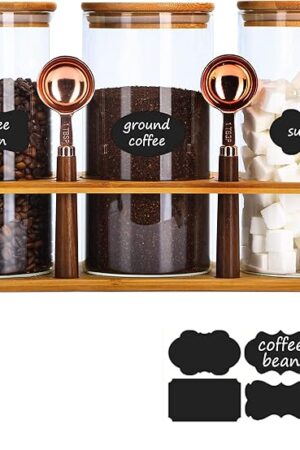 ZOMUIA Glass Coffee Containers Airtight Coffee Bean Storage Canisters with Shelf, 3Pcs 44oz Coffee Station Organizer, Kitchen Food Storage Jars for Sugar, Candy, Oats, Nuts