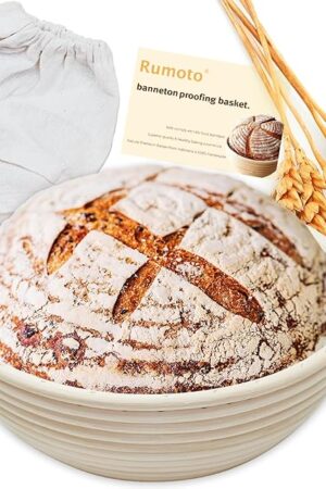 8.5" Round Bread Banneton Proofing Basket, For Sourdough Bread with Linen Liners Premium Handmade Natural Indonesian Rattan (Round, 8.5 inch)