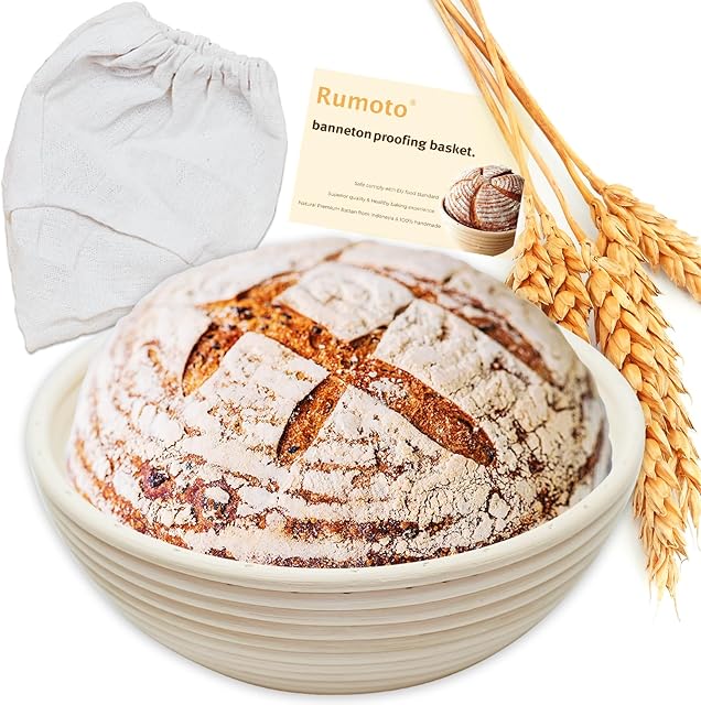 8.5" Round Bread Banneton Proofing Basket, For Sourdough Bread with Linen Liners Premium Handmade Natural Indonesian Rattan (Round, 8.5 inch)