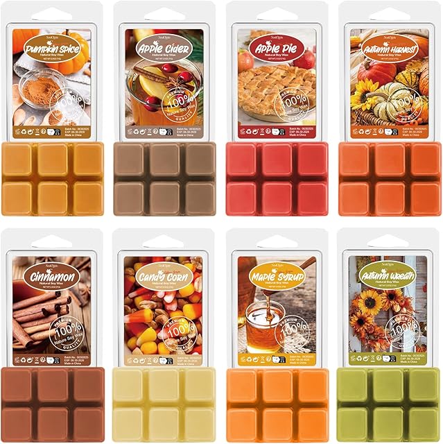 Autumn Scented Wax Melts, Fall Scented Wax Melts, Strong Scented Soy Wax Cubes/Tarts for Warmer, Candle Wax Melts for Home, Pumpkin Spice, Cinnamon, Apple Cider, Autumn Wreath, 8x2.5oz