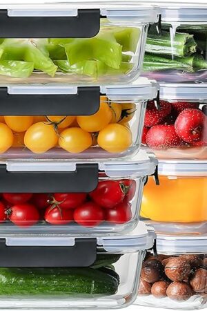 8 Pack 36oz Large Glass Meal Prep Containers with lids, Glass Food Storage Containers with Leak Proof Snap Lock Lids , Airtight Bento lunch Boxes, Kitchen Storage, Oven, Freezer and Dishwasher Safe