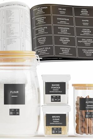 284 Pantry Labels with 112 Expiration Date Labels for Food Containers, Preprinted Stickers Booklet for Storage Bins, Minimalist Kitchen Labels for Organizing