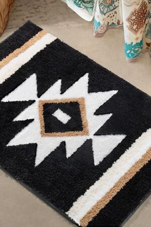 Bathroom Rugs Boho Bath Mat Non Slip Black Aztec Bath Rug, Soft Absorbent Luxury Plush Washable Floor Carpet for Bathroom Shower Modern Decor 18x24