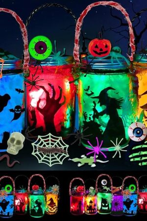 4 Pack Halloween DIY Lantern Jar Craft Kit Decor Supplies Gifts ,Halloween Crafts for Kids Ages 4-12 ,for Adult ,Crafts Activities for School, Indoor Outdoor Garden Home DIY Decor Art Kit Project