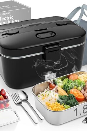 Electric-Lunch-Box-Heated-Food-Warmer 100W Heating Lunchbox for Adults 1.8L Portable Food Heater for Work/Car, 12V/24V/110-230V Lonchera Eléctrica Portátil with Fork Spoon (Black)