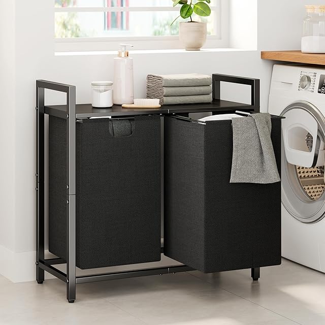 Kitstorack Laundry Basket Organizer, Laundry Hamper with Shelf & 2 Pull-Out Removable Bags, Dirty Clothes Hamper Organizer for Laundry Room Bathroom and Dorm, 2 x 11.8 gallons (44.5L)