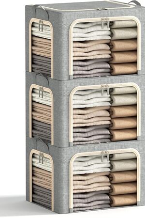 3 Openings Clothes Storage Bins with Metal Frame, Foldable Storage Bin for Clothes, Clothing Storage Bins with Lid, Linen Storage Box With Clear Window＆ Zippers＆ Durable Handles.(3 Pcs,Light Grey,40L)