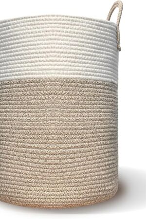 Cotton Rope Storage Basket, Large Woven Laundry Hamper with Handles, White and Gray, Foldable