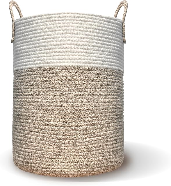 Cotton Rope Storage Basket, Large Woven Laundry Hamper with Handles, White and Gray, Foldable