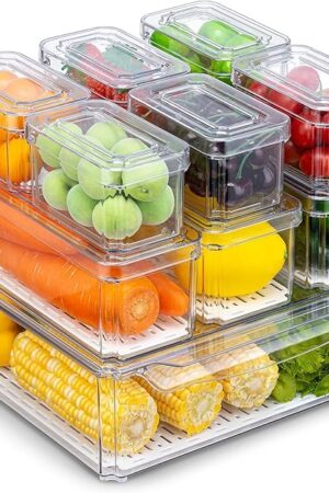 10 Pack Fridge Organizer, Stackable Refrigerator Organizer Bins with Lids, BPA-Free Produce Fruit Storage Containers for Storage Clear for Kitchen, Food, Drinks, Vegetable Storage