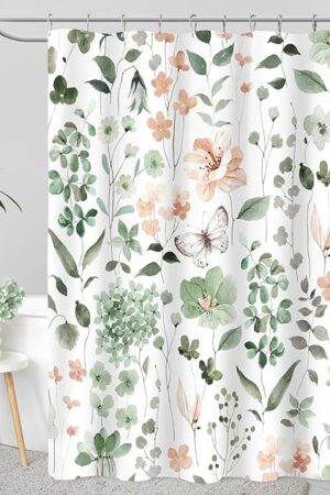 Cute Floral Shower Curtain, Sage Green Flower Fabric Shower Curtains for Bathroom, Spring Summer Wildflower Butterfly Cloth Shower Curtain Set with Hooks, 72x72