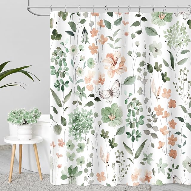 Cute Floral Shower Curtain, Sage Green Flower Fabric Shower Curtains for Bathroom, Spring Summer Wildflower Butterfly Cloth Shower Curtain Set with Hooks, 72x72