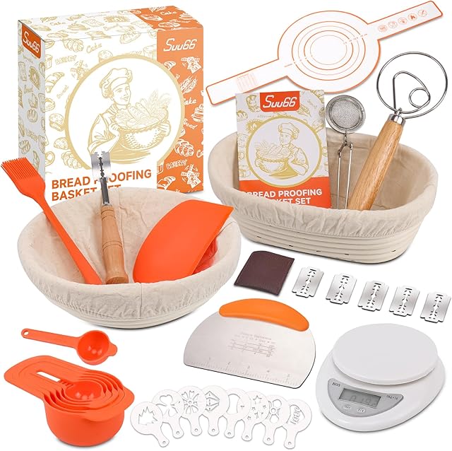30-Pcs Sourdough Bread Baking Supplies - Sourdough Starter Kit | Including 9 inch Round and 10 inch Oval Banneton Proofing Basket,Precision Measuring Spoons,Electronic scales