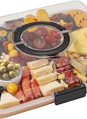 Charcuterie Board with Clear Lid, Travel Portable Cheese Board Charcuterie Boxes Cutting Boards for Kitchen, House Warming Gifts New Home, Gifts for Women (6 Compartments Black)