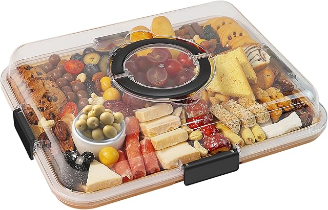 Charcuterie Board with Clear Lid, Travel Portable Cheese Board Charcuterie Boxes Cutting Boards for Kitchen, House Warming Gifts New Home, Gifts for Women (6 Compartments Black)