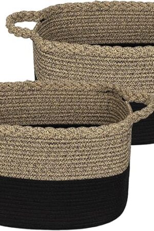 Cotton Rope Storage Basket 13" x 10" x 9", Small Laundry Hamper, Multipurpose Organizer Baskets with Sturdy Handles for Organizing Home Office, 2 Pack, Deep Brown/Black