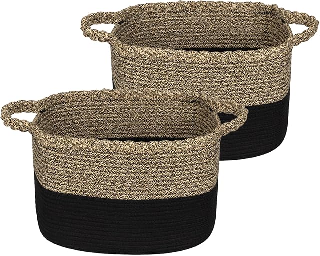 Cotton Rope Storage Basket 13" x 10" x 9", Small Laundry Hamper, Multipurpose Organizer Baskets with Sturdy Handles for Organizing Home Office, 2 Pack, Deep Brown/Black