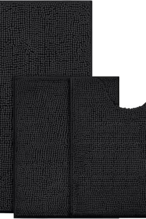 BYSURE Black Bathroom Rugs Sets 3 Piece Non Slip Extra Absorbent Plush Chenille Soft Washable Bath Mats