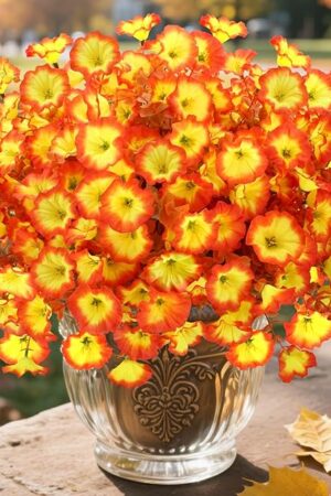 Artificial Morning Glory Fall Flowers for Outdoors, 12 Bundles UV Resistant Faux Mums, Autumn Silk Flowers for Decoration in Orange Yellow