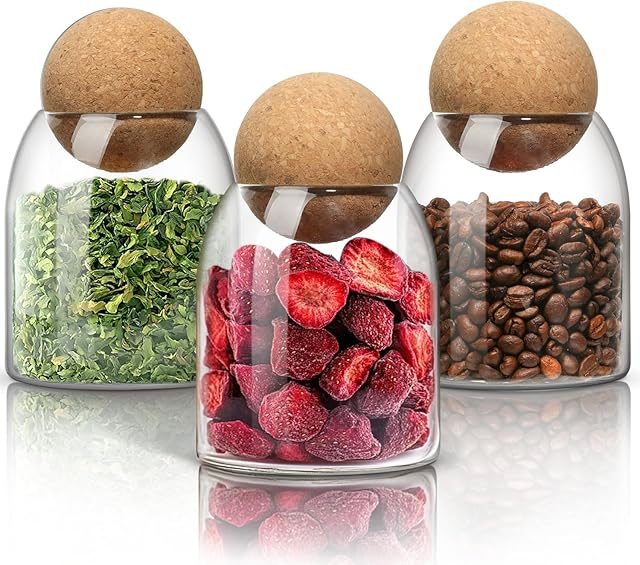 ComSaf Glass Storage Container with Ball Cork, 16 OZ Small Glass Jar with Cork Lids, 3 Pack Candy Jar, Tip Jars, Decorative jars, Cute Jars for Coffee, Sugar, Salt, Apothecary Cotton Swab Qtip Holder