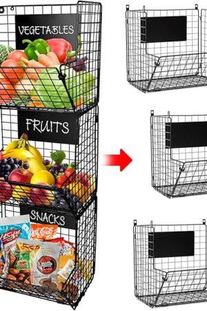 3-Tier XL Wall Hanging Fruit Baskets for Kitchen Organizing Fruits and Vegetables, Heavy-Duty Wall Basket for Storage with Chalkboards & S-Hooks, Wire Hanging Fruit Basket for Kitchen & Pantry
