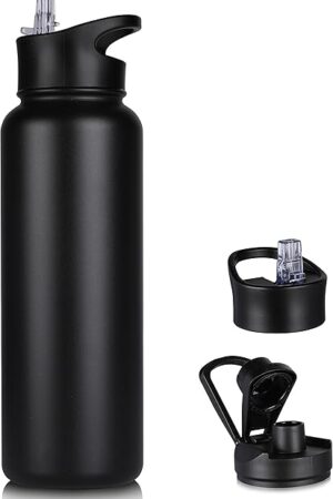 40 oz Stainless Steel Insulated Water Bottle Black with 2 Lids