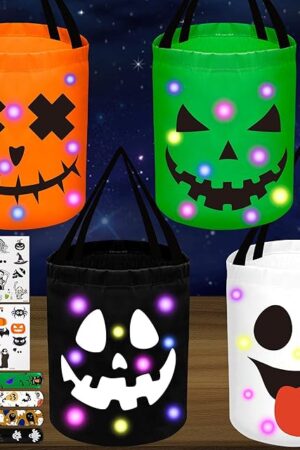80UncleKimby 4Pcs Halloween Trick or Treat Bucket Candy Bags - LED Light up Pumpkin Basket Gift for Kids with Bracelets Stickers