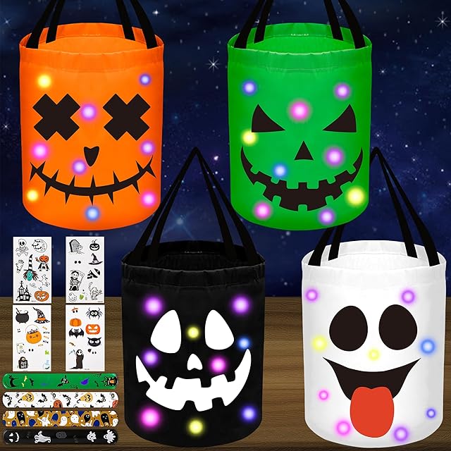 80UncleKimby 4Pcs Halloween Trick or Treat Bucket Candy Bags - LED Light up Pumpkin Basket Gift for Kids with Bracelets Stickers