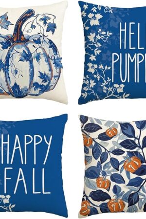 AVOIN colorlife Happy Fall Hello Pumpkin Chinoiserie Throw Pillow Covers, 18 x 18 Inch Blue and Orange Porcelain Color Grandmillennial Autumn Thanksgiving Harvest Decorations for Sofa Couch Set of 4