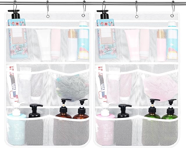 2 Pack Mesh Shower Hanging Caddy, 7 Pockets Hanging Shower Organizer with Metal Loop, Portable Bathroom Shower Bag for Shampoo, Body Wash, Soap, and Cruise Ship Essentials