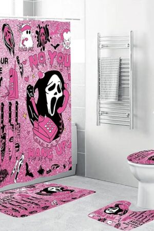 4Pcs Halloween Shower Curtain Set Gothic Pink Scary Shower Curtain Set for Halloween Bathroom Decor with Anti-Slip Waterproof Bathtub Bathroom Rugs Toilet Lid Cover