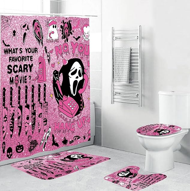 4Pcs Halloween Shower Curtain Set Gothic Pink Scary Shower Curtain Set for Halloween Bathroom Decor with Anti-Slip Waterproof Bathtub Bathroom Rugs Toilet Lid Cover