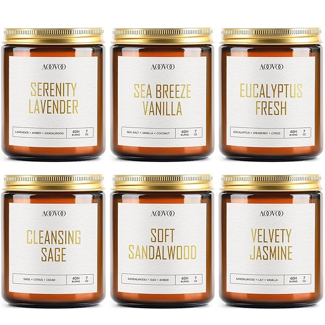 AOOVOO Candles Set - 6PC Scented Candles, Soy Candle, Aromatherapy Candle, Soy Wax Candle, Candle for Home Scented, Lavender/Vanilla/Eucalyptus/Sage/Jasmine/Sandalwood
