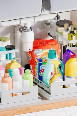 VUSIGN 2 Pack Under Sink Organizer and Storage, 2 Tier Under Cabinet Organizer for Bathroom Kitchen with Pull Out Storage Shelf Drawer, White