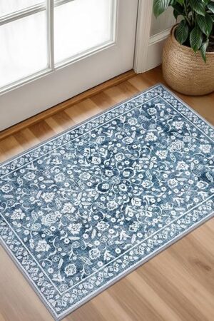 Vintage Entryway Rug 2x3, Blue and White Washable Accent Rug, Non-Slip Small Area Carpet, Floral Print Faux Wool Soft Mat for Front Door, Kitchen, Bedside