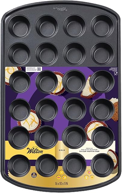 Wilton Gold Premium Non-Stick Warp-Resistant Bakeware, Made without PFAs, Muffin Pan, 24-cup, 16 x 10 x 1 in., Packaging may Vary
