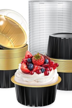 40 Pack 5 OZ Mini Cake Pans with Lids, Disposable Aluminum Foil Ramekins Muffin Tin, Round Brownie Pudding Cupcake Baking Cups, Mini Cake Containers Flan Molds for Wedding Birthday Party