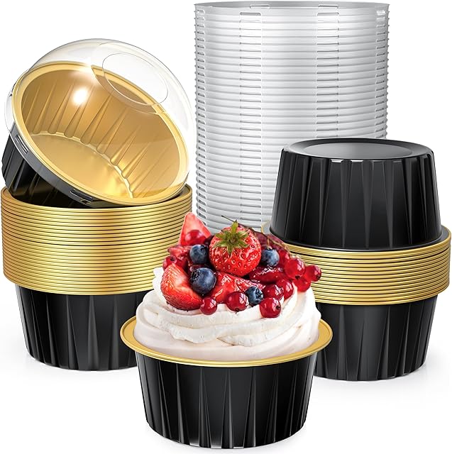 40 Pack 5 OZ Mini Cake Pans with Lids, Disposable Aluminum Foil Ramekins Muffin Tin, Round Brownie Pudding Cupcake Baking Cups, Mini Cake Containers Flan Molds for Wedding Birthday Party