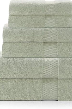 Zero Twist Bathroom Towel Set - Luxury Bath Towel Sets for Bathroom, Hands, and Washcloths - Quick Dry and Absorbent - 6 Pieces, 1 Stripe, Sage