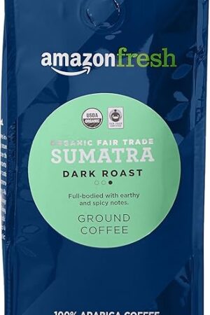 Amazon Fresh Organic Fair Trade Sumatra Ground Coffee, Dark Roast, 12 Ounce