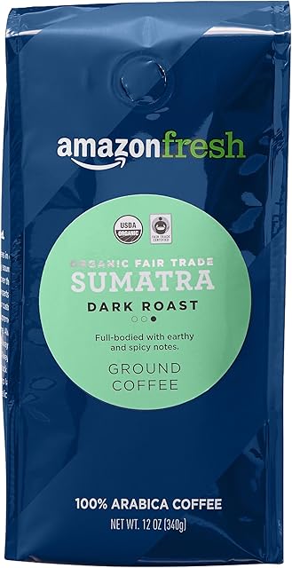 Amazon Fresh Organic Fair Trade Sumatra Ground Coffee, Dark Roast, 12 Ounce