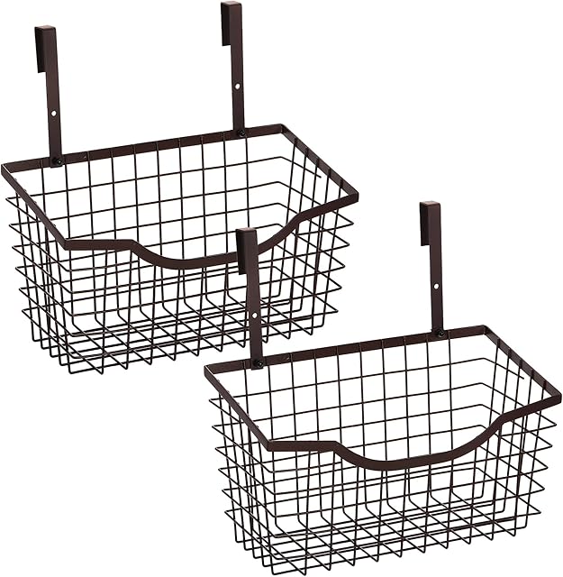 Nicunom 2 Pack Cabinet & Wall Mount Basket, Large Metal Wire Basket Wall Mount Hanging Basket Over Cabinet Door Organizer Bin Grid Storage Baskets for Home Kitchen Bathroom Pantry, Bronze
