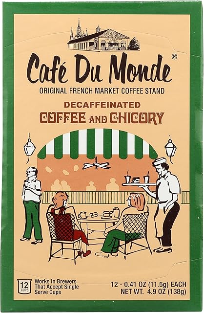 Cafe Du Monde Decaf Coffee and Chicory Single Serve Cups, Box of 12, .41 oz each