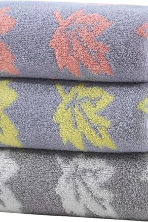 3 Pack Decorative Maple Leaf Hand Towels for Bathroom, Cotton Soft Absorbent Towel Set for Face Spa, Gym & Kitchen, 13x29 Inches (Grey Yellow Pink - 3 Pack)