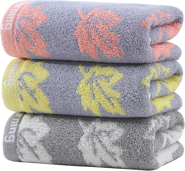 3 Pack Decorative Maple Leaf Hand Towels for Bathroom, Cotton Soft Absorbent Towel Set for Face Spa, Gym & Kitchen, 13x29 Inches (Grey Yellow Pink - 3 Pack)