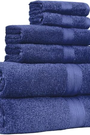Amazon Basics 6 Piece Oversized Fade resistant Towel set, 100% Cotton towels for bathroom, soft and absorbent, 2 Bath Towels, 2 Hand Towels and 2 Washcloths bathroom towel set, Navy Blue