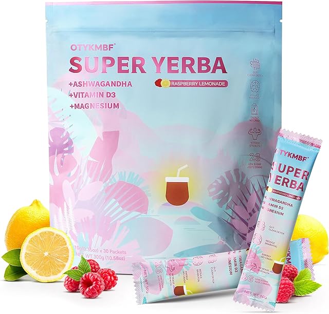 OTYKMBF Super Yerba Instant Powder Packets, Mate Tea with Raspberry Lemonade Flavor, 30 Servings Yerba Mate for Calm Energy, Focus Boost and Gut Health