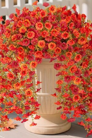 Artificial Fall Hanging Flowers for Decoration, 2pcs Long Vine Fake Flowers Plants Morning Glory, Realistic Faux Petunias for Planter Patio Porch Garden Autumn Outdoors Dec, Orange Red