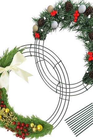 2-Pack 14 Inch Wire Wreath Frame – Round Metal Wreath Form with Ring Design for DIY Crafts, Floral Projects, and Home Decor – Dark Green Wire Frame for Christmas Holiday & Weddings