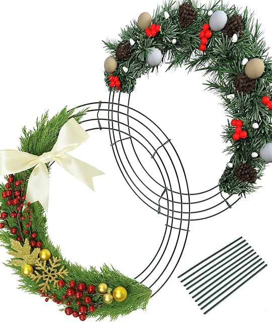 2-Pack 14 Inch Wire Wreath Frame – Round Metal Wreath Form with Ring Design for DIY Crafts, Floral Projects, and Home Decor – Dark Green Wire Frame for Christmas Holiday & Weddings